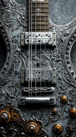 Ornate metallic electric guitar body with embossed detailing.
