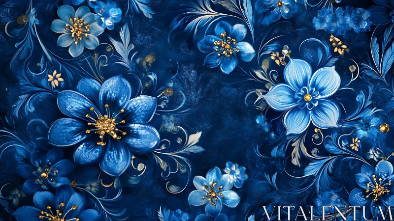 Ornamental Blue Florals with Gilt Accents: Layered Digital Composition.