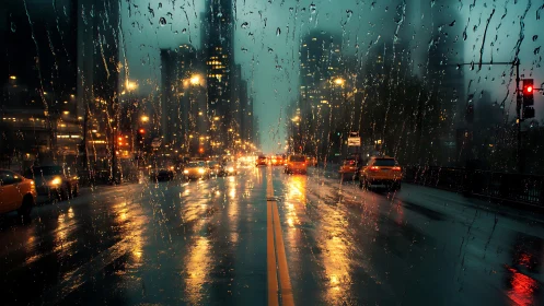 Nocturnal city street through rain-streaked windshield view.