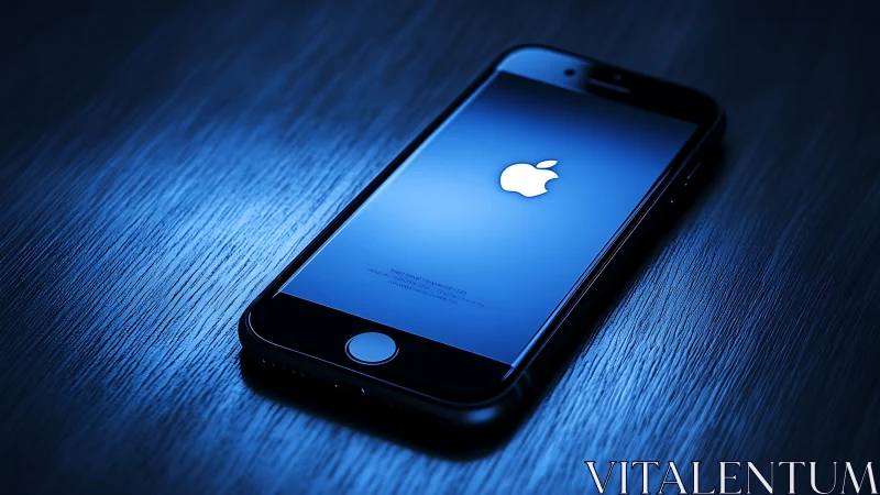 Black smartphone displaying Apple logo on blue display