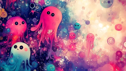 Bubble-bright jellyfish drift joyfully through a painted cosmos