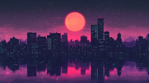 Neon city skyline glows beneath a radiant cyberpunk moon.