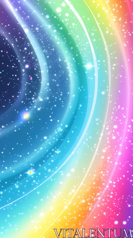 Iridescent rainbow arcs curve through dense starlit field.