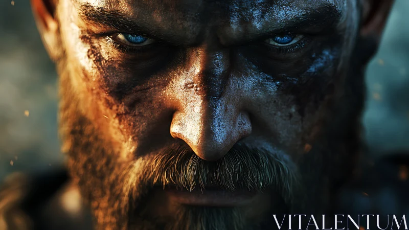 Battle-hardened warrior stares ahead with burning resolve.