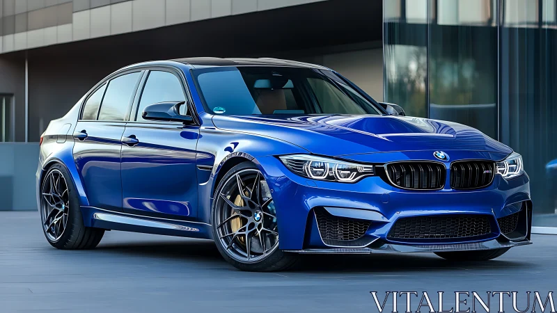High-gloss blue performance sedan with aero kit and multi-spoke alloys