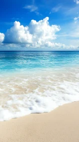 Tropical shoreline with gentle surf and cumulus cloudbank