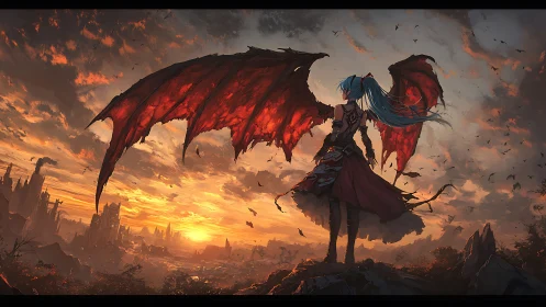 Winged humanoid figure observing ruined city at sunset.