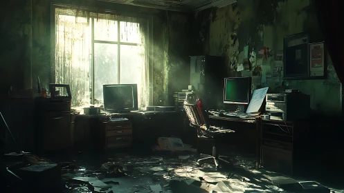Sunlit ruin reveals an abandoned office frozen in time