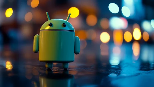 Green android robot toy on wet city street at night.