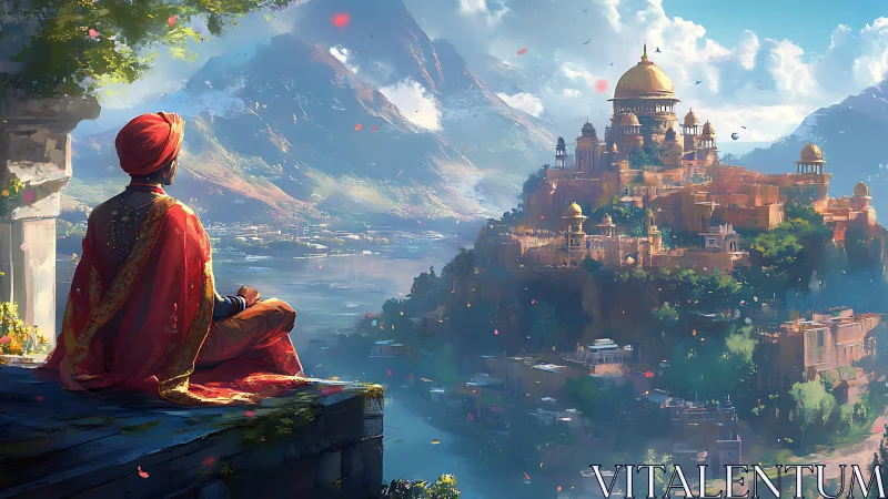 Meditative figure overlooks sunlit domed riverside citadel.