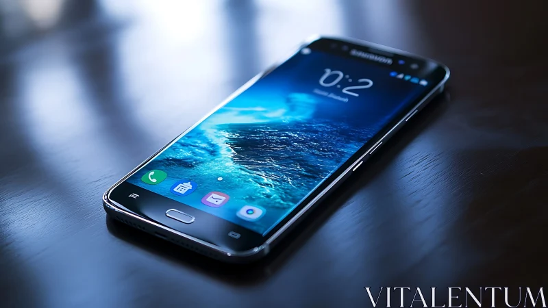 Samsung smartphone displaying ocean imagery on darkened surface.