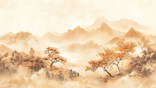 Misty ink landscape with distant mountains and autumn trees.