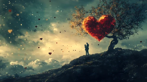 Solitary Observer Contemplating Luminescent Heart Structure.