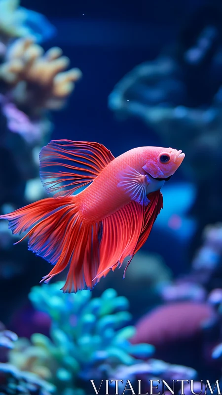 Crimson betta drifts like silk amid dreamy coral blues.