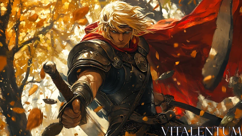 Blond armored swordsman in autumn forest battle scene.