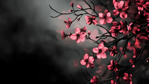 Pink Blossoms Dancing Against Moody Gray Shadows