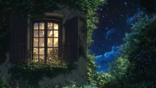 Moonlit garden window with glowing interior contrast.