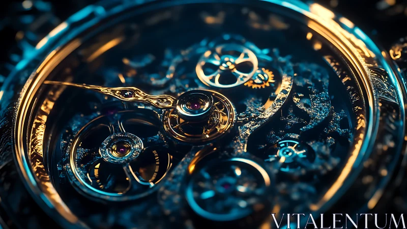 Gleaming clockwork gears glow in cinematic teal and gold light