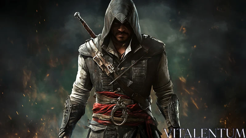 Hooded rogue warrior in leather armor amid burning smoke.