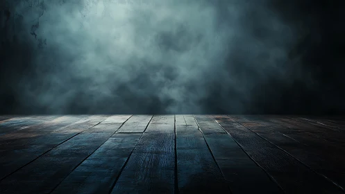Empty wooden floor with dark foggy background interior scene.