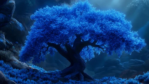 Blue luminous tree against dark rocky forest backdrop.
