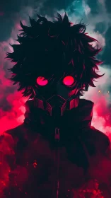 Neon-eyed renegade rises amid crimson cyberpunk storm.