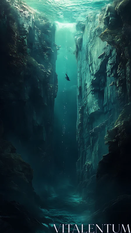 Midnight free diver slips into an emerald abyssal chasm.
