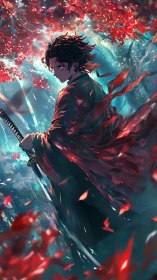 Sword-wielding anime warrior under scarlet forest canopy.