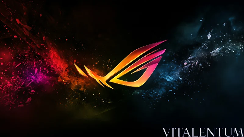 Abstract multicolor emblem on dark fractured background.