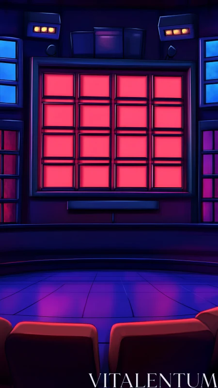 Television studio game board set with illuminated grid wall.