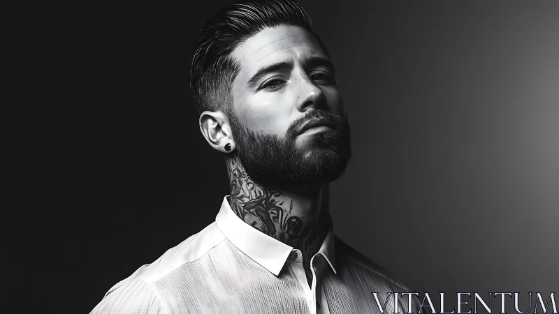 Moody monochrome portrait of tattooed, bearded man posing.