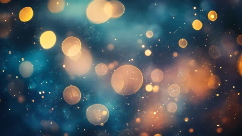 Dreamy golden bokeh lights drift gently across deep blue