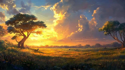 Sunlit savanna meadow under dramatic storm-lit clouds.