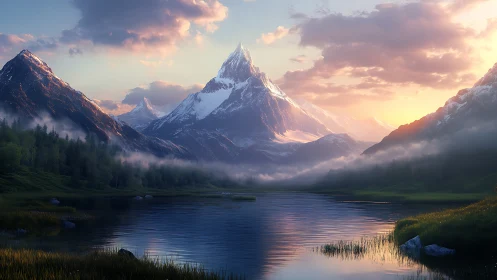 Sunlit alpine peak above misty lake valley at dawn.