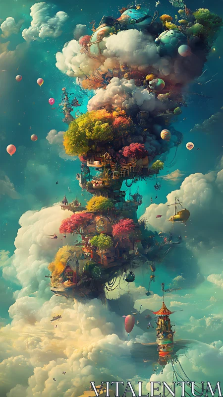 Vertical floating village spirals through dense layered clouds