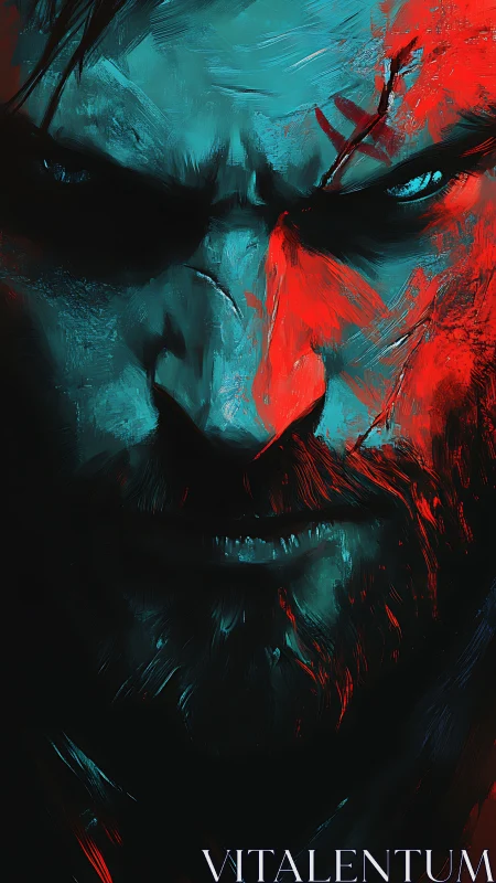 Intense warrior portrait rendered in high-contrast digital paint