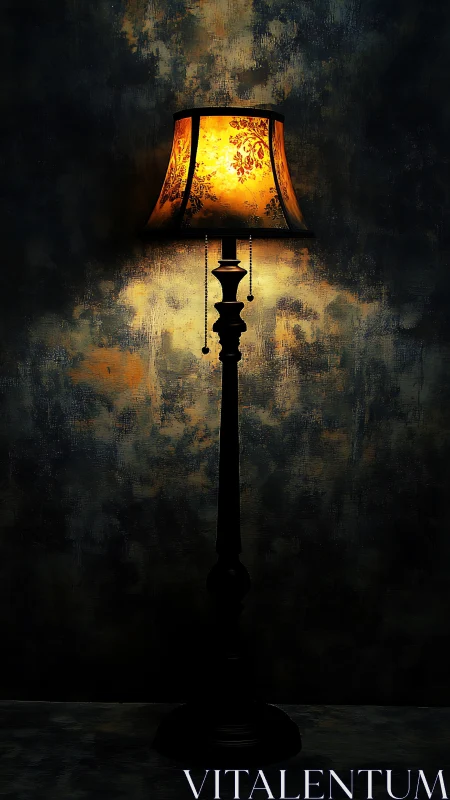 Vintage floor lamp illuminates dark textured wall background