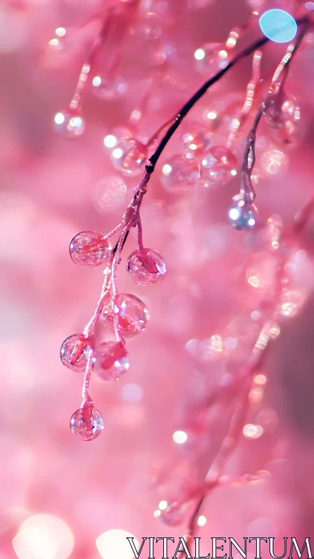 Macro study of dewy pink berries in luminous bokeh field.