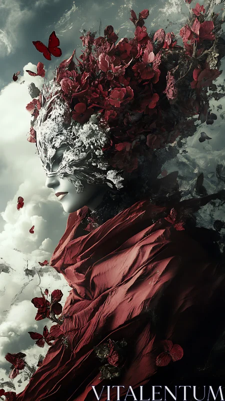 Surreal floral woman dissolves into red petals and butterflies