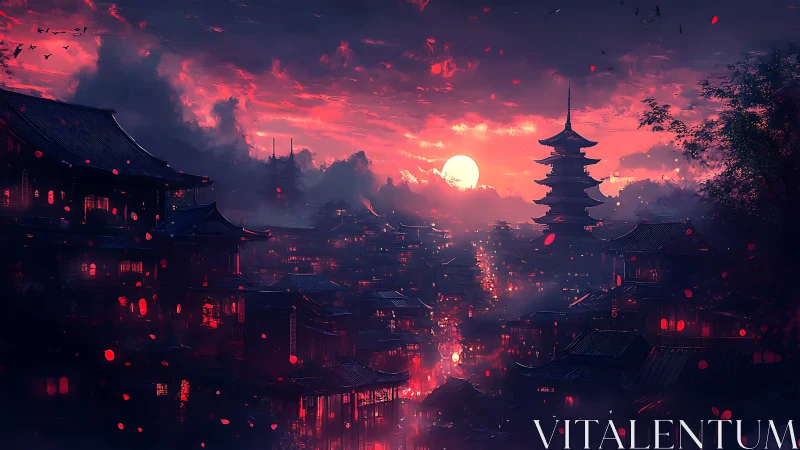 Crimson dusk over lanternlit pagoda city in drifting embers.