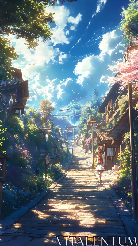 Sunlit anime hillside street with blossoms and blue sky.