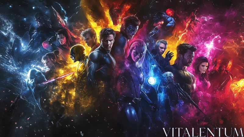 Group of costumed superheroes stands amid vivid energy clouds