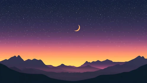 Crescent moon drifting above neon dusk mountain silhouettes.