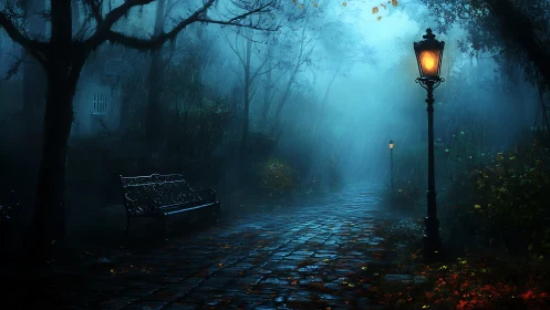 Rainy park path with lamppost glow and empty bench at night.