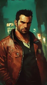 Brooding urban antihero in red leather under teal city glow.