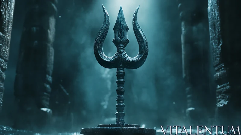 Bronze trident idol in misty teal-lit stone sanctuary.