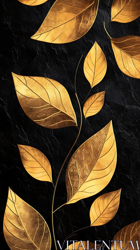 Gold leaf botanical scroll on textured black stone surface.