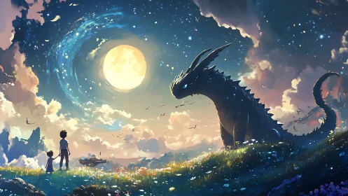 Lunar-lit meadow encounter between children and bioluminescent dragon.