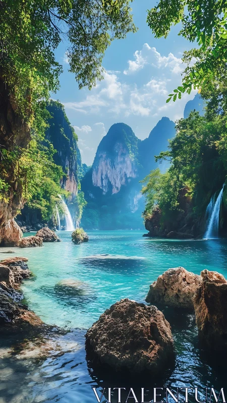 Coastal lagoon with karst cliffs, waterfalls, and clear water.