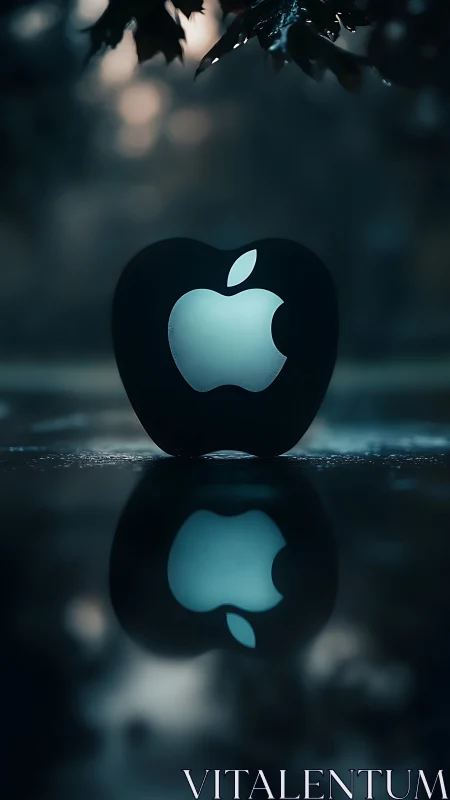 Apple Logo Apple Shape Glowing Cyan in Wet Reflection